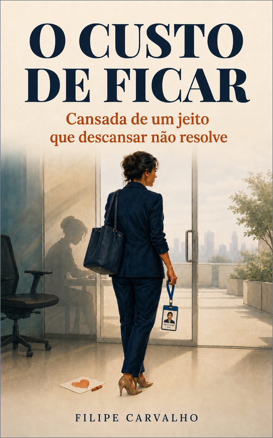 Capa de O Custo de Ficar: uma mulher de terno azul, de costas, sai por uma porta de vidro com o crachá na mão
