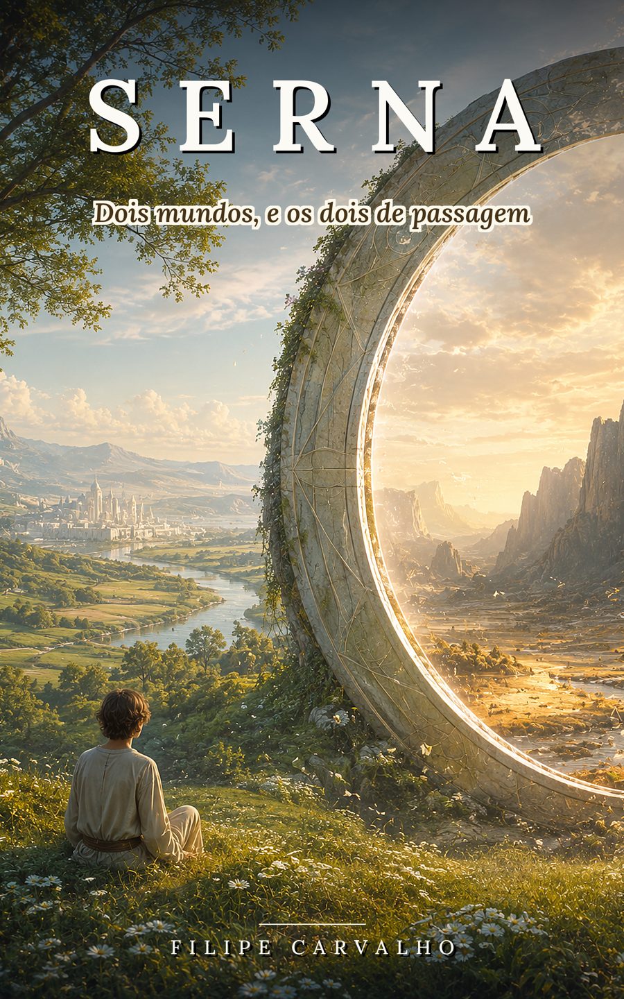 Capa de Serna: um jovem sentado na relva olha um anel de pedra que dá para um vale dourado